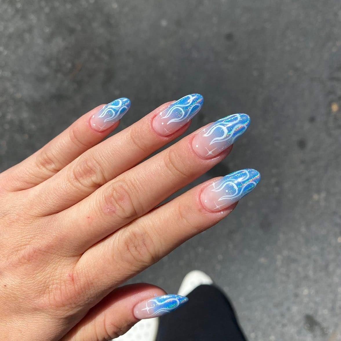 18. Blue Flame Ombre Chrome Almond Nails - ombre chrome nail ideas