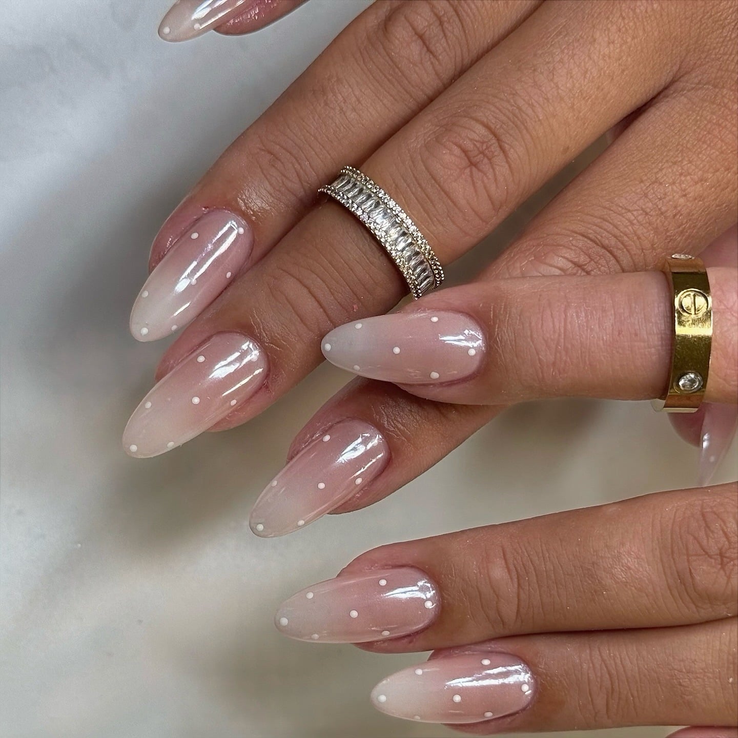 20. Sheer Pink Ombre Chrome Almond Nails with Polka Details - ombre chrome nail ideas