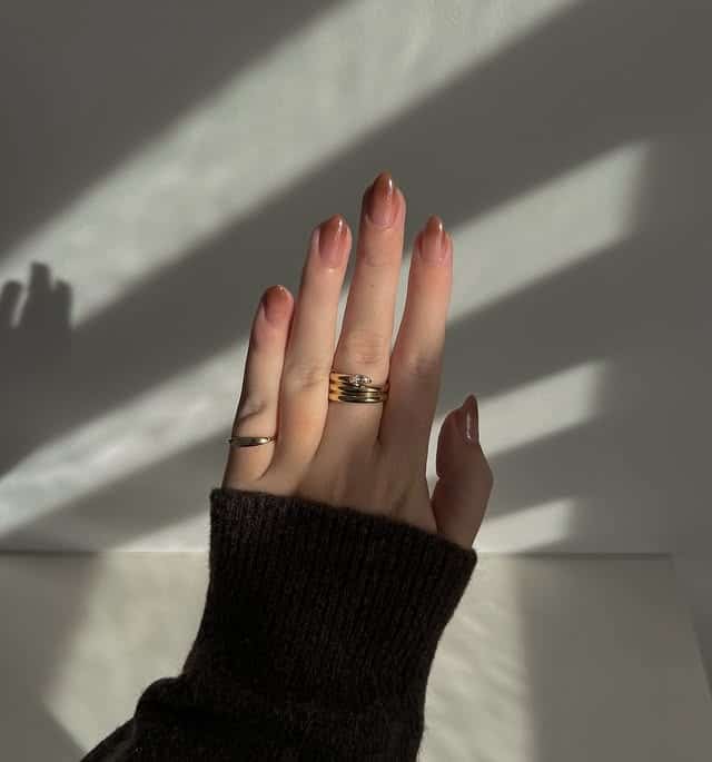 21. Caramel Nude Ombre Chrome Almond Nails - ombre chrome nail ideas