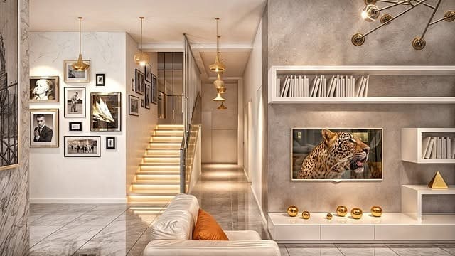 1. Modern Gallery Living Room in Soft Neutrals and Gold - gold living room ideas