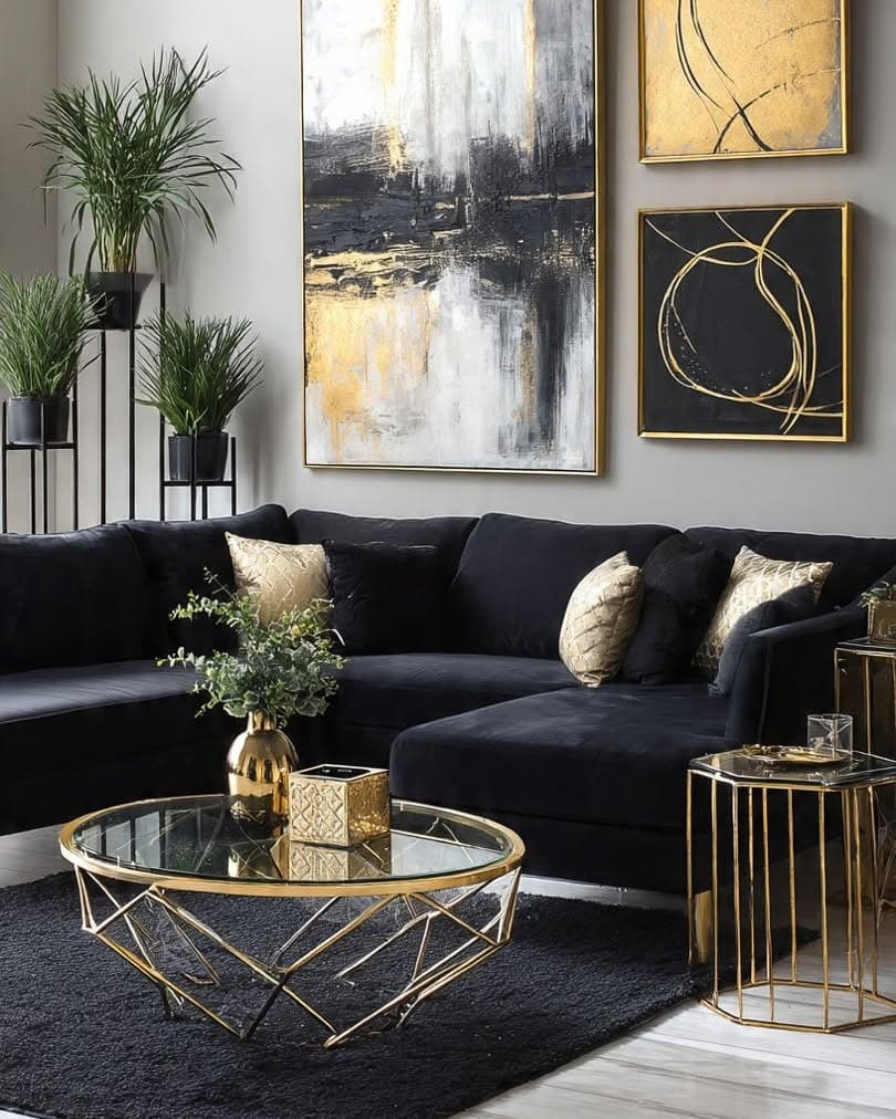 2. Black Velvet Living Room with Brushed Gold Accents - gold living room ideas
