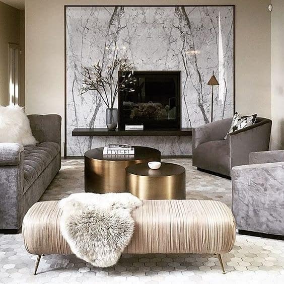 4. Marble Feature Living Room in Taupe and Soft Gold - gold living room ideas