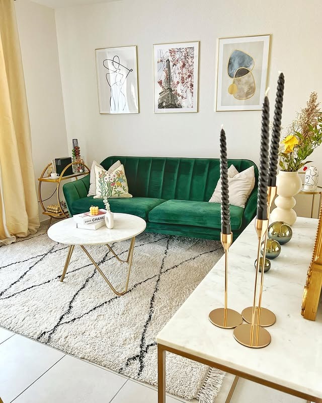5. Emerald Green Living Room with Gold Details - gold living room ideas