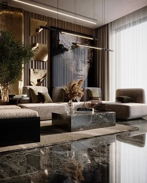 14. Modern Earth-Tone Living Room with Brushed Gold Accents - gold living room ideas