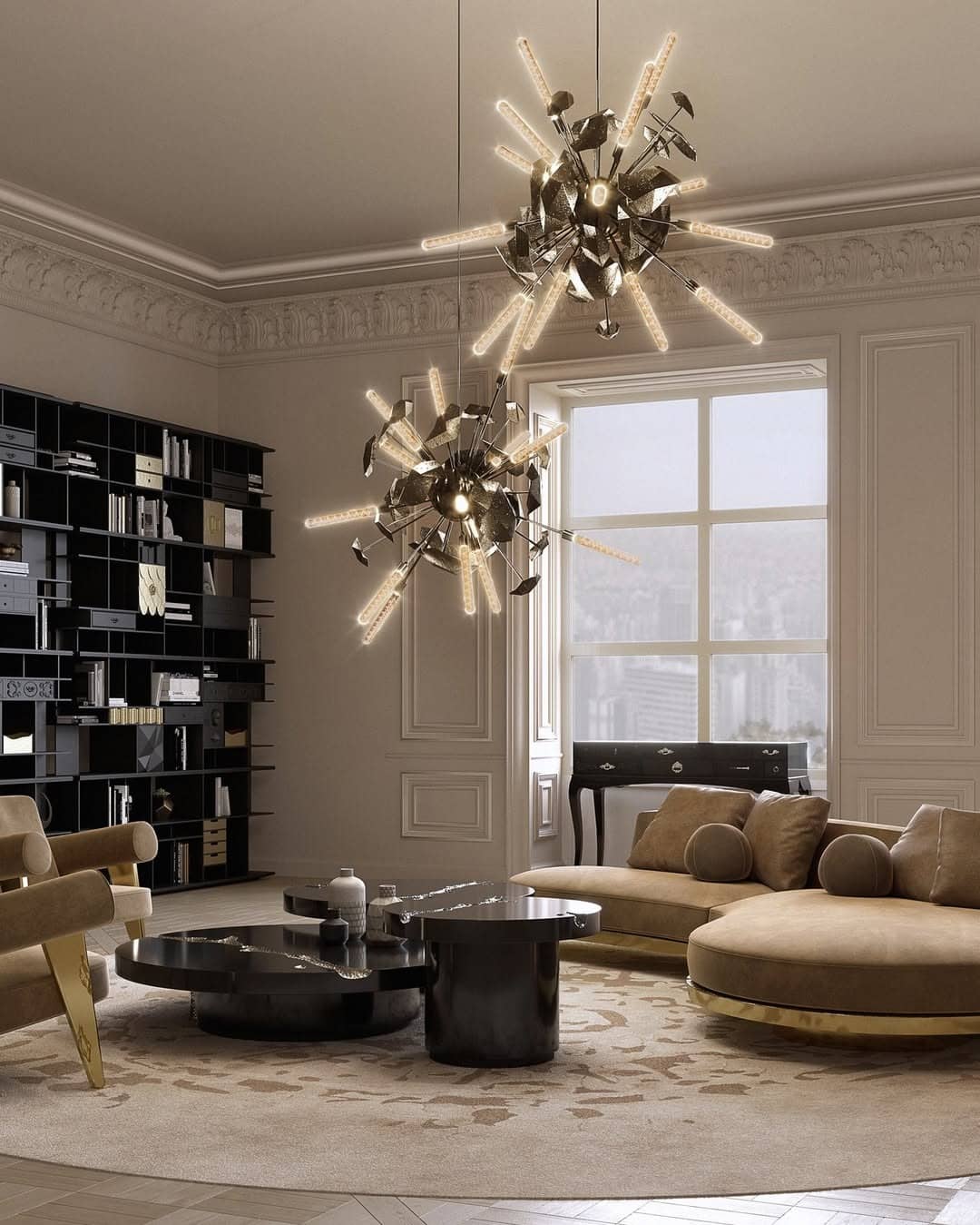 16. Artistic Living Room with Sculptural Gold Lighting - gold living room ideas