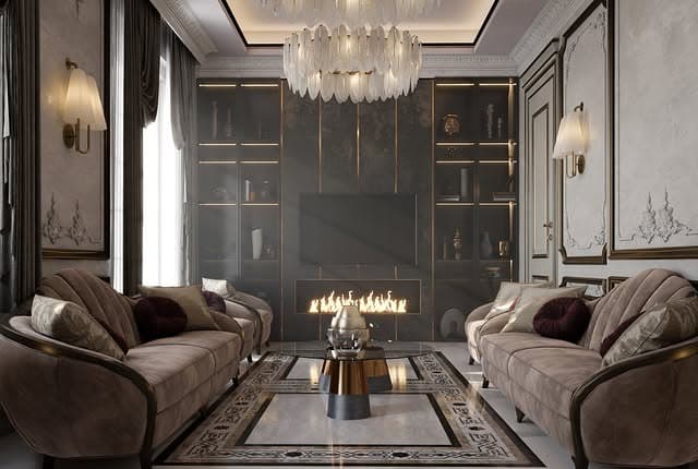 17. Moody Glam Living Room in Charcoal and Gold - gold living room ideas