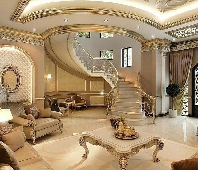 19. Grand Formal Living Room in Beige and Gold - gold living room ideas