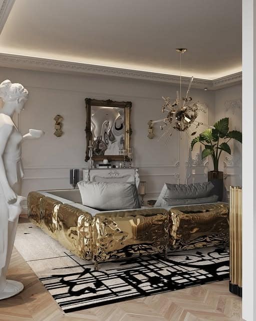 20. High-Design Living Room with Bold Gold Furniture - gold living room ideas