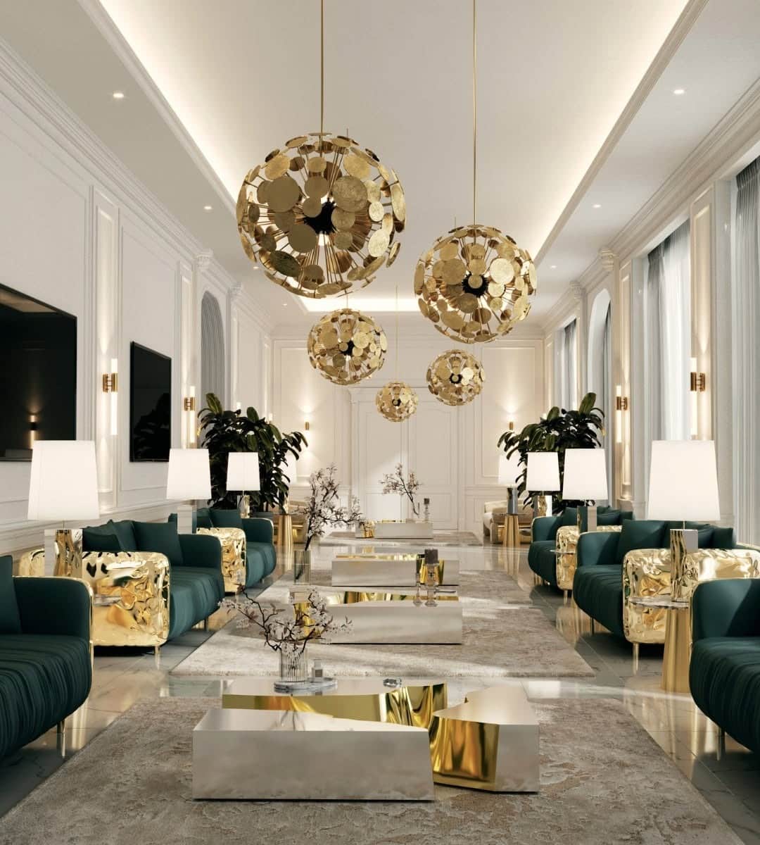 22. Grand Formal Living Room in White, Green, and Gold - gold living room ideas