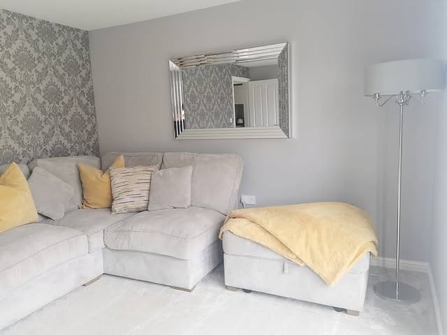 3. Rectangular Wall Mirror with Warm Grey Living Room Styling - living room mirror ideas