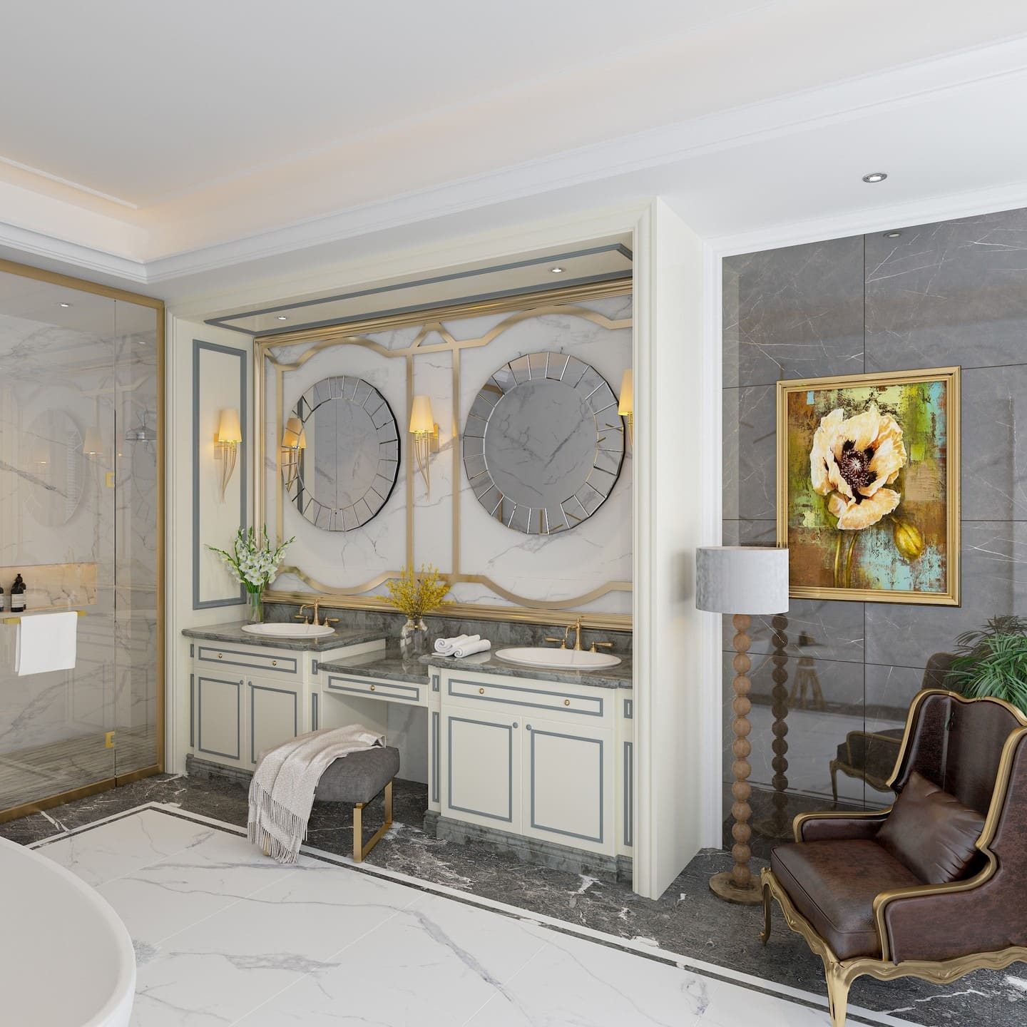 6. Double Mirror Vanity Styling in an Elegant Open Living Area - living room mirror ideas