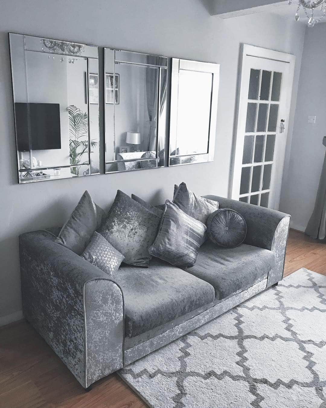 14. Triple Panel Mirror Wall in Silver and Grey - living room mirror ideas