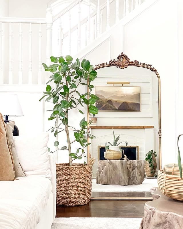 21. Ornate Floor Mirror with Soft White and Natural Textures - living room mirror ideas