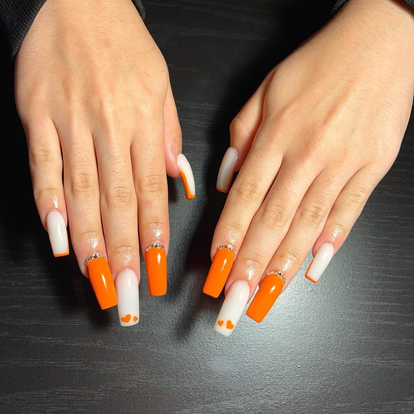 4. Orange and White Accent Coffin Set with Rhinestones - orange and white nail ideas