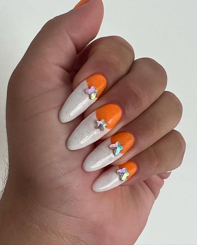 9. Almond Nails with Orange and White Glitter Fade - orange and white nail ideas