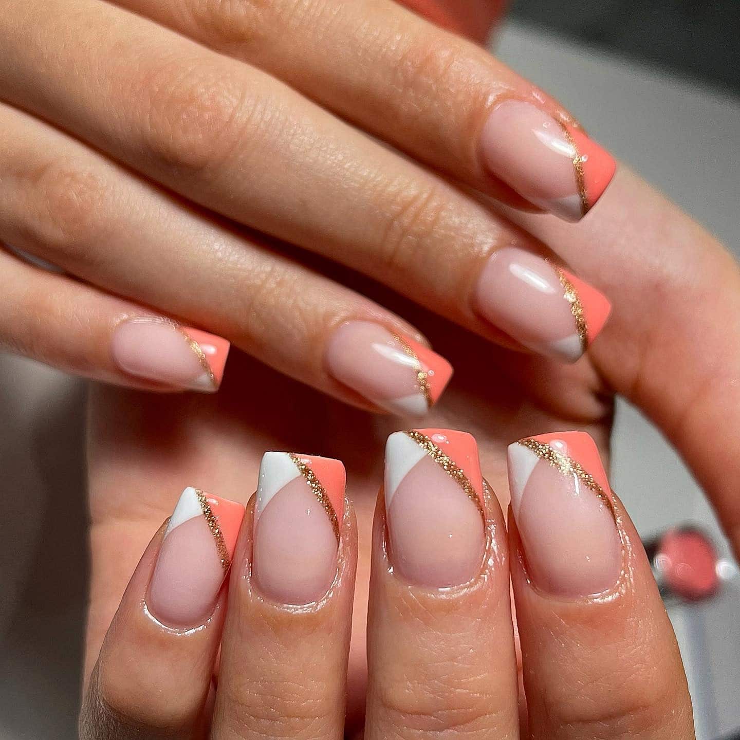 16. Peach and White French Nails with Gold Lining - orange and white nail ideas