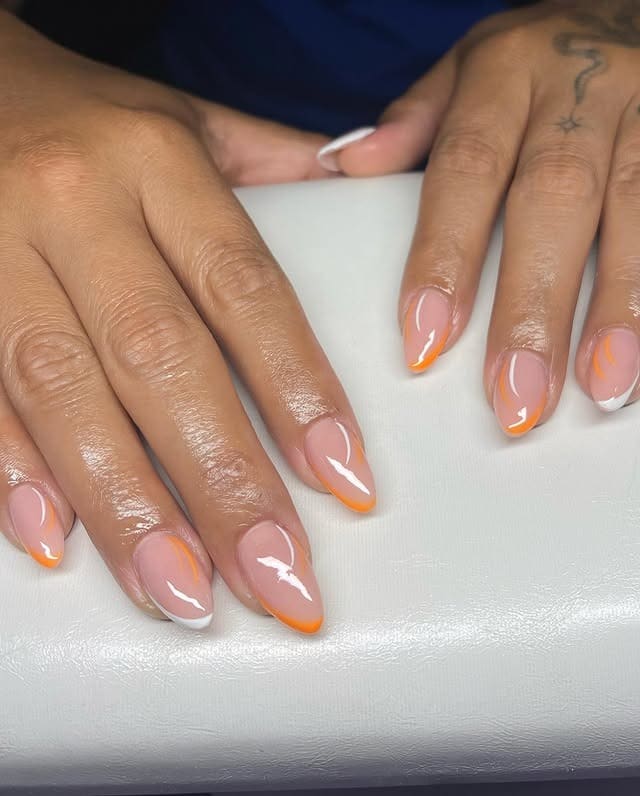 21. Almond Nude Nails with Micro Orange French Tips - orange and white nail ideas