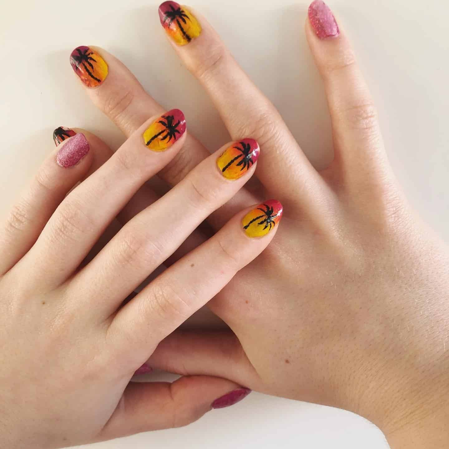 2. Sunset Gradient Palm Tree Nails - palm tree nail ideas