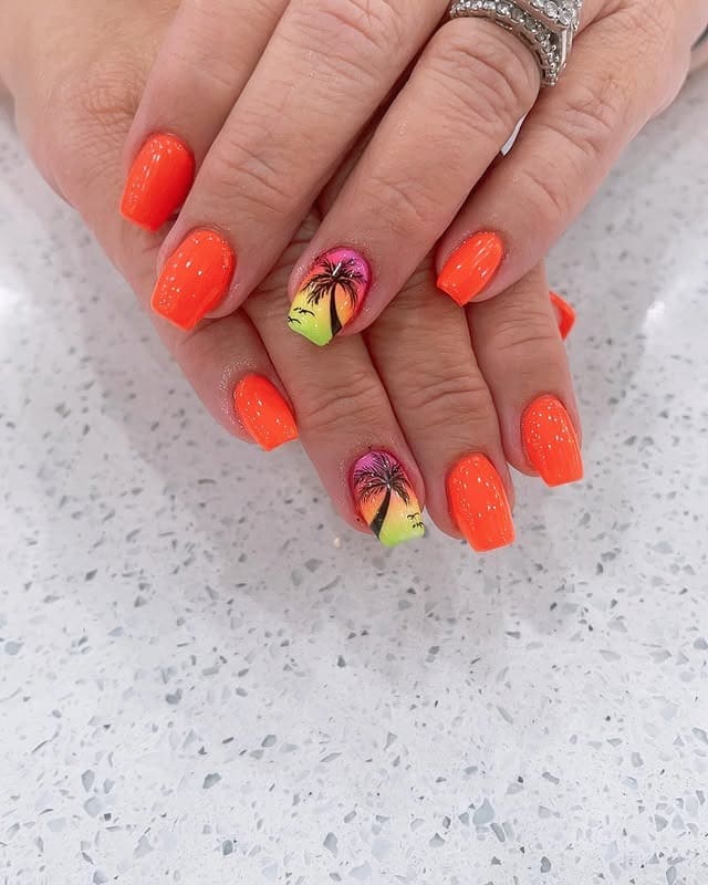 3. Neon Coral Palm Accent Nails - palm tree nail ideas
