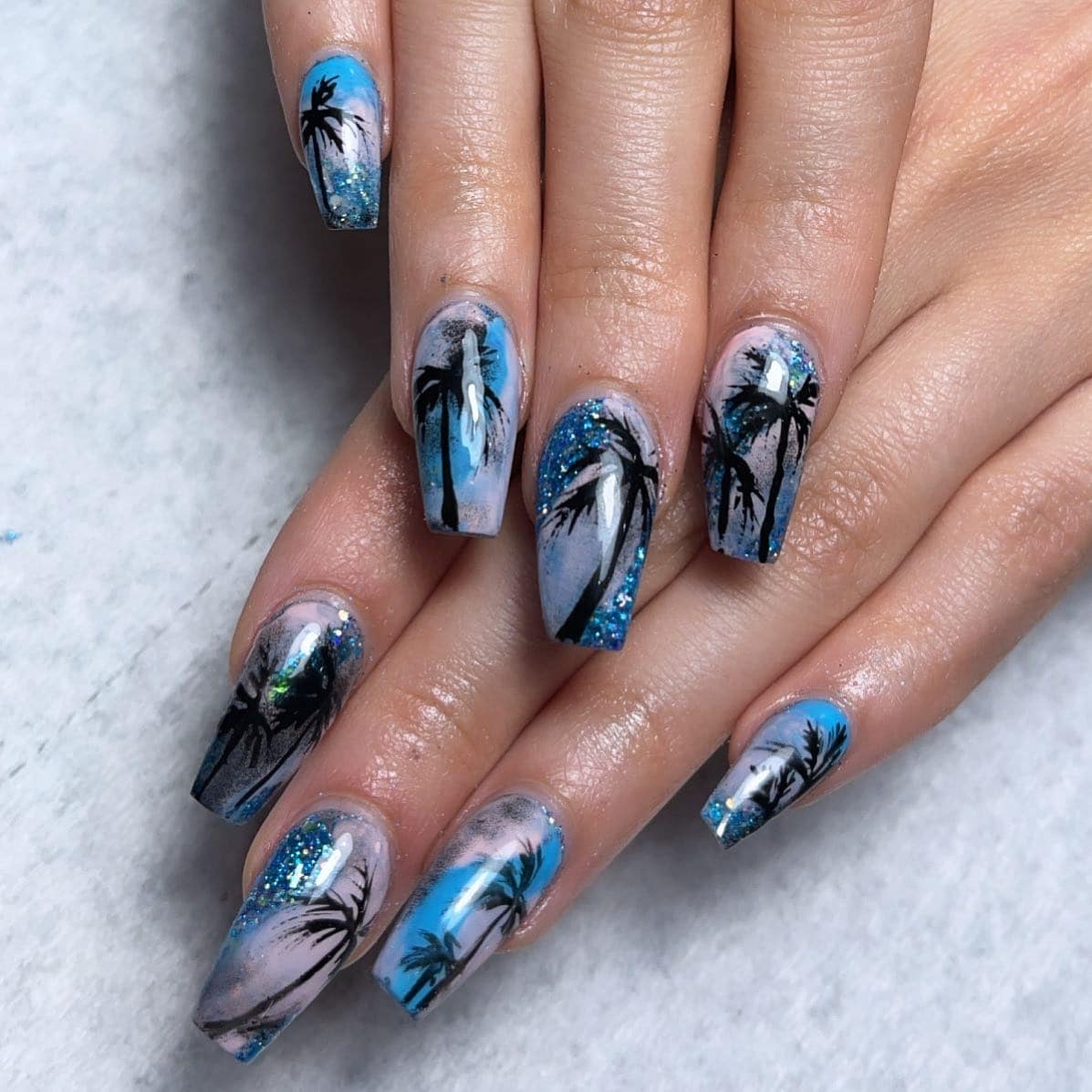 4. Ocean Nightfall Palm Nails - palm tree nail ideas