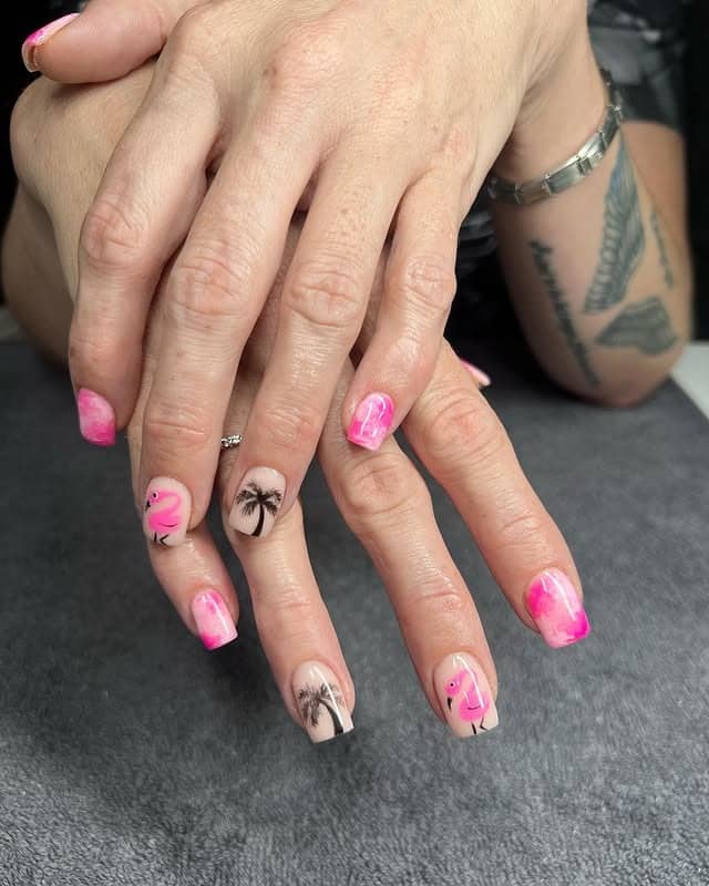 5. Blush Flamingo Palm Nails - palm tree nail ideas