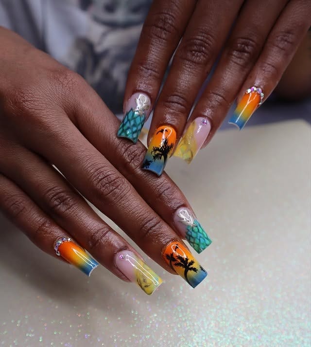 6. Tropical Mix & Match Palm Nails - palm tree nail ideas