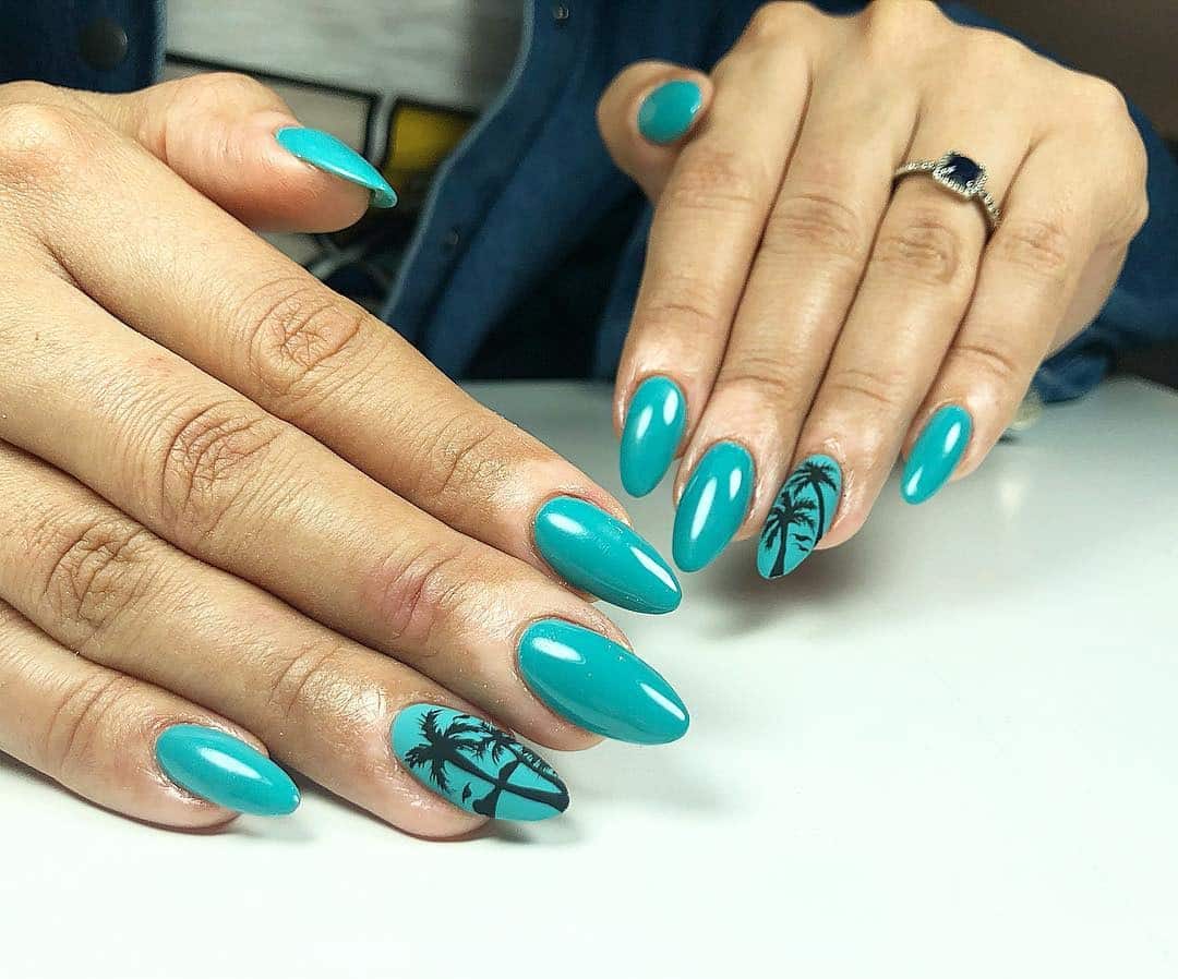 14. Teal Almond Palm Nails - palm tree nail ideas