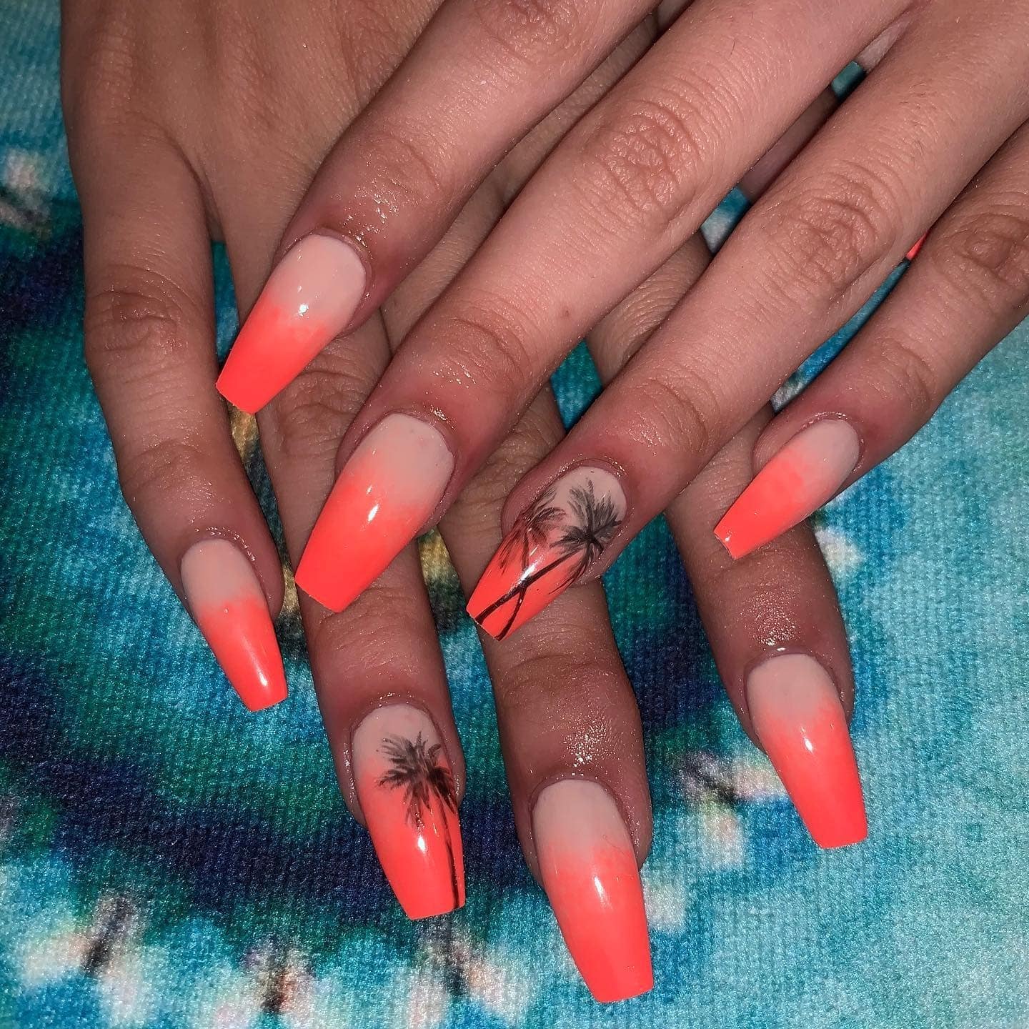 15. Coral Fade Palm Coffin Nails - palm tree nail ideas