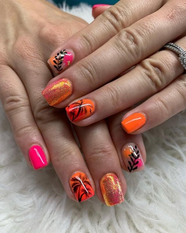 16. Neon Citrus Palm Mix Nails - palm tree nail ideas