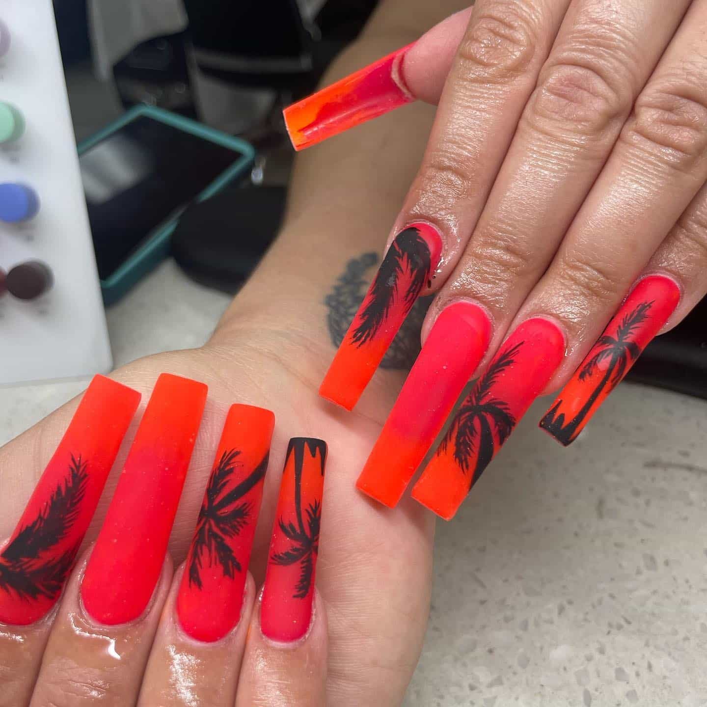 17. Red Sunset Palm Long Nails - palm tree nail ideas