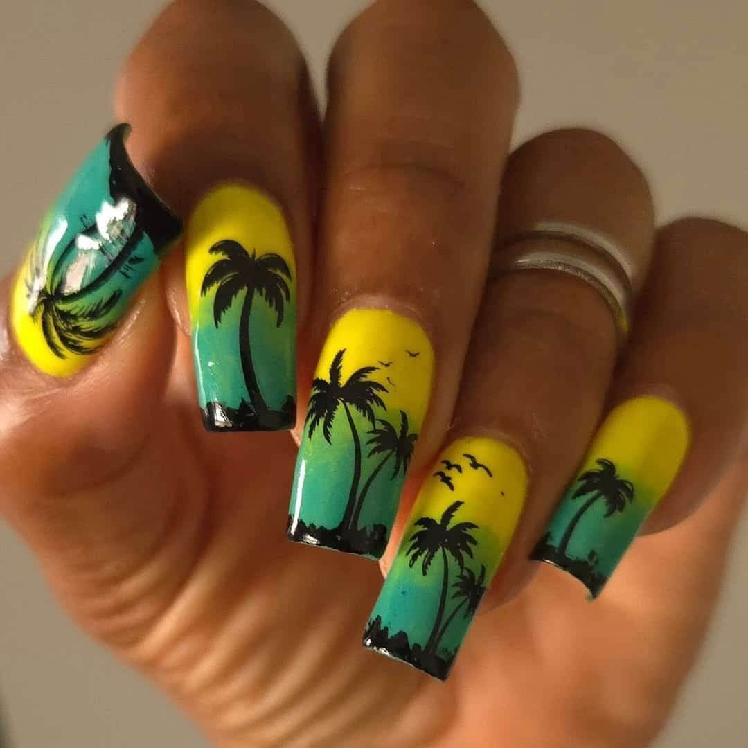 18. Yellow Teal Palm Silhouette Nails - palm tree nail ideas