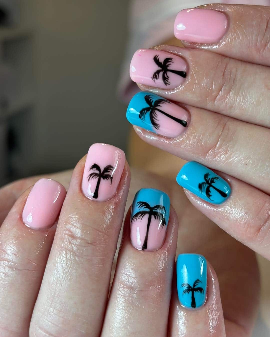 20. Baby Pink and Sky Blue Palm Nails - palm tree nail ideas
