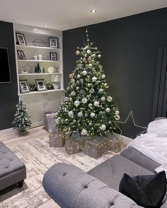 3. Modern Monochrome Christmas Styling - christmas living room decor ideas