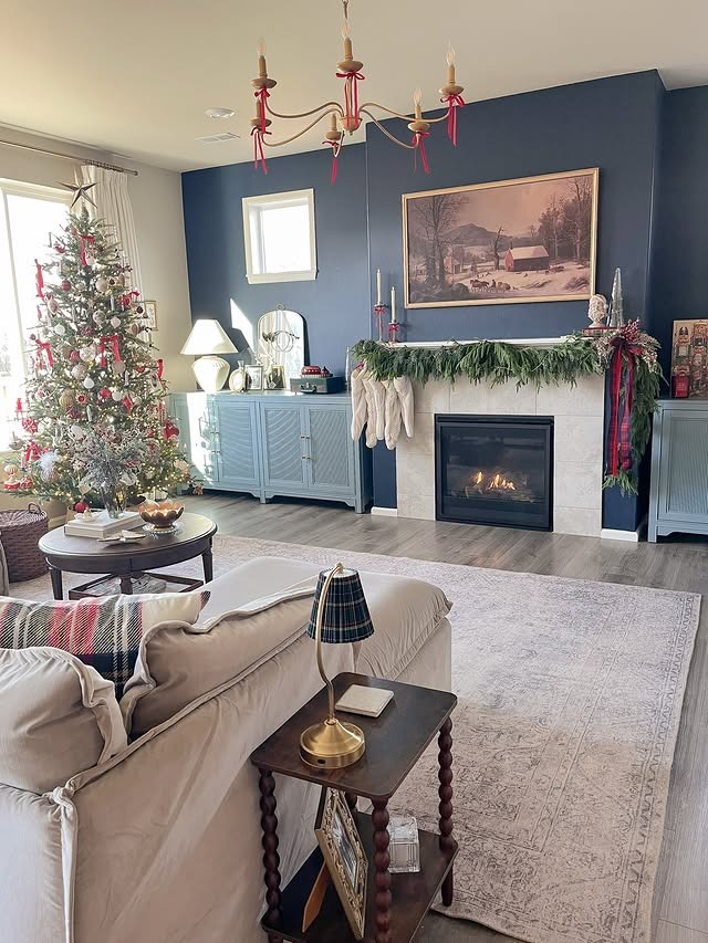 7. Traditional Christmas with Deep Blue Accents - christmas living room decor ideas