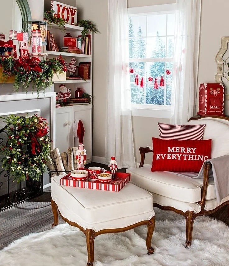 18. Traditional Red and White Christmas Sitting Area - christmas living room decor ideas