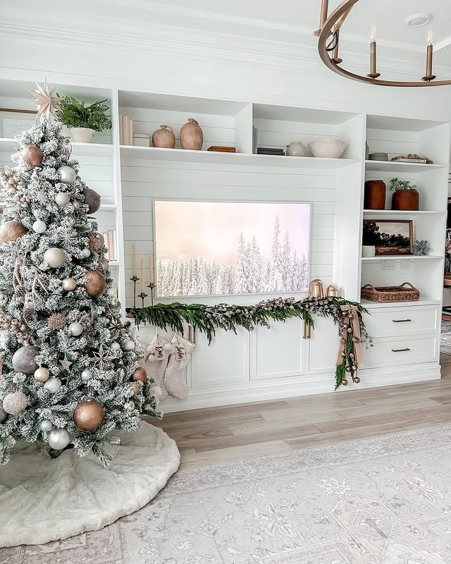 19. Frosted Neutral Christmas Living Room with Built-Ins - christmas living room decor ideas
