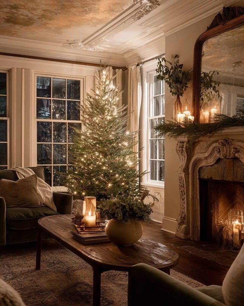 21. Moody Classic Christmas Living Room in Deep Neutrals - christmas living room decor ideas