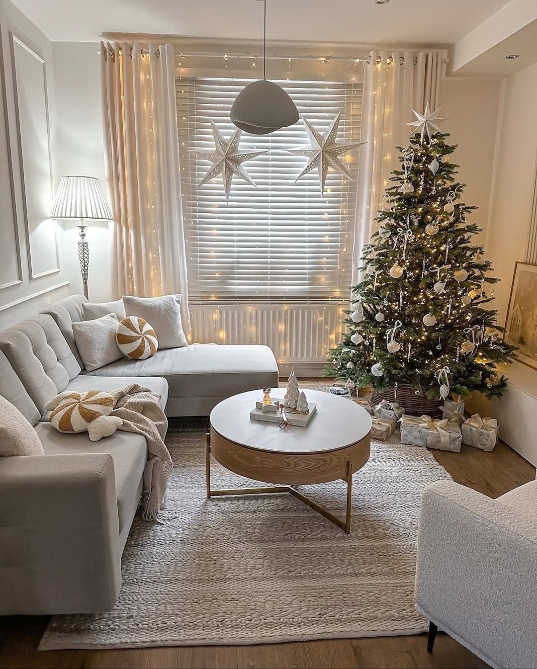 22. Soft White and Gold Christmas Living Room - christmas living room decor ideas