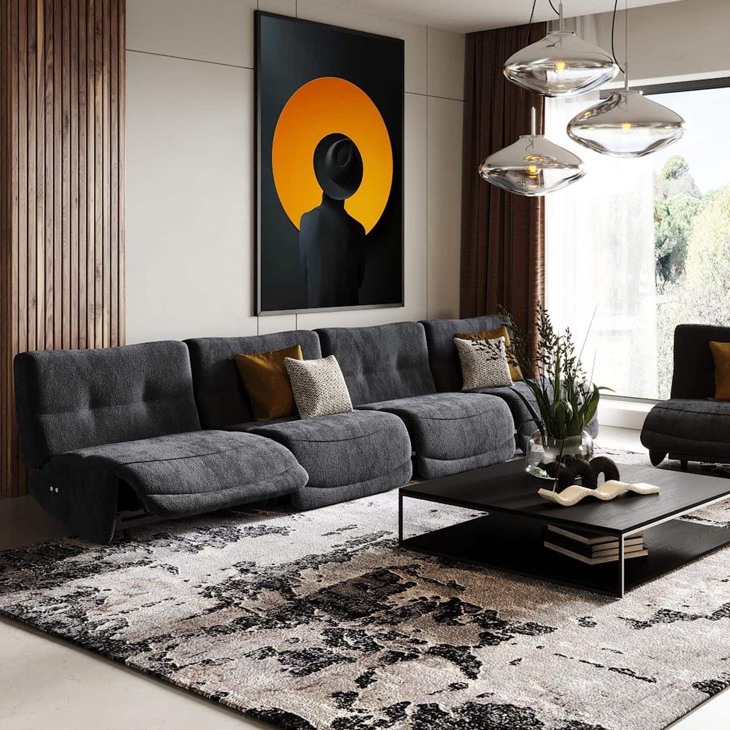 5. Contemporary Black Sofa Living Room with Warm Wood and Amber Tones - black furniture living room ideas