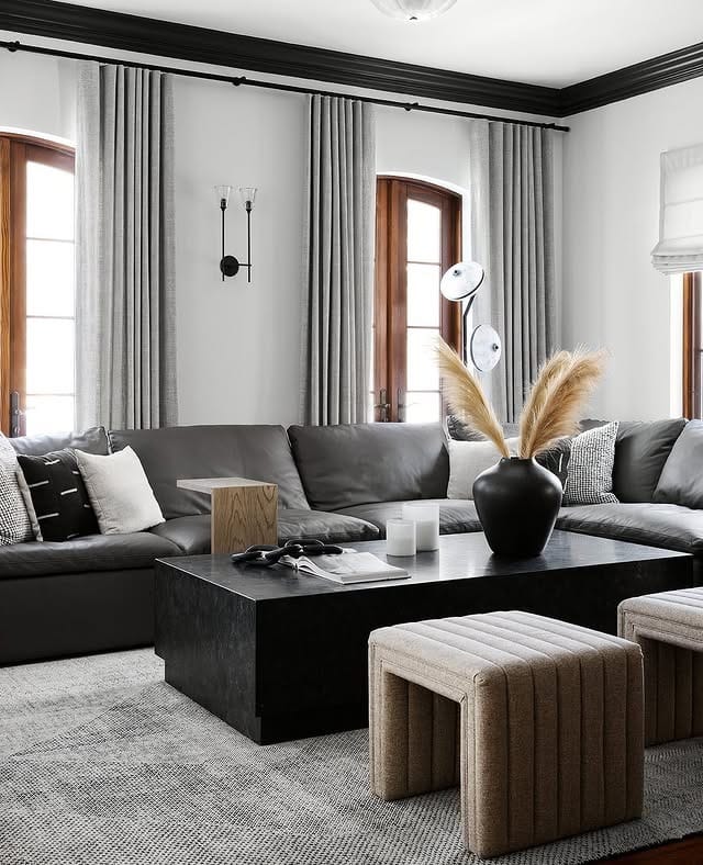 6. Classic Black Sectional Living Room with Soft Beige and Gray - black furniture living room ideas