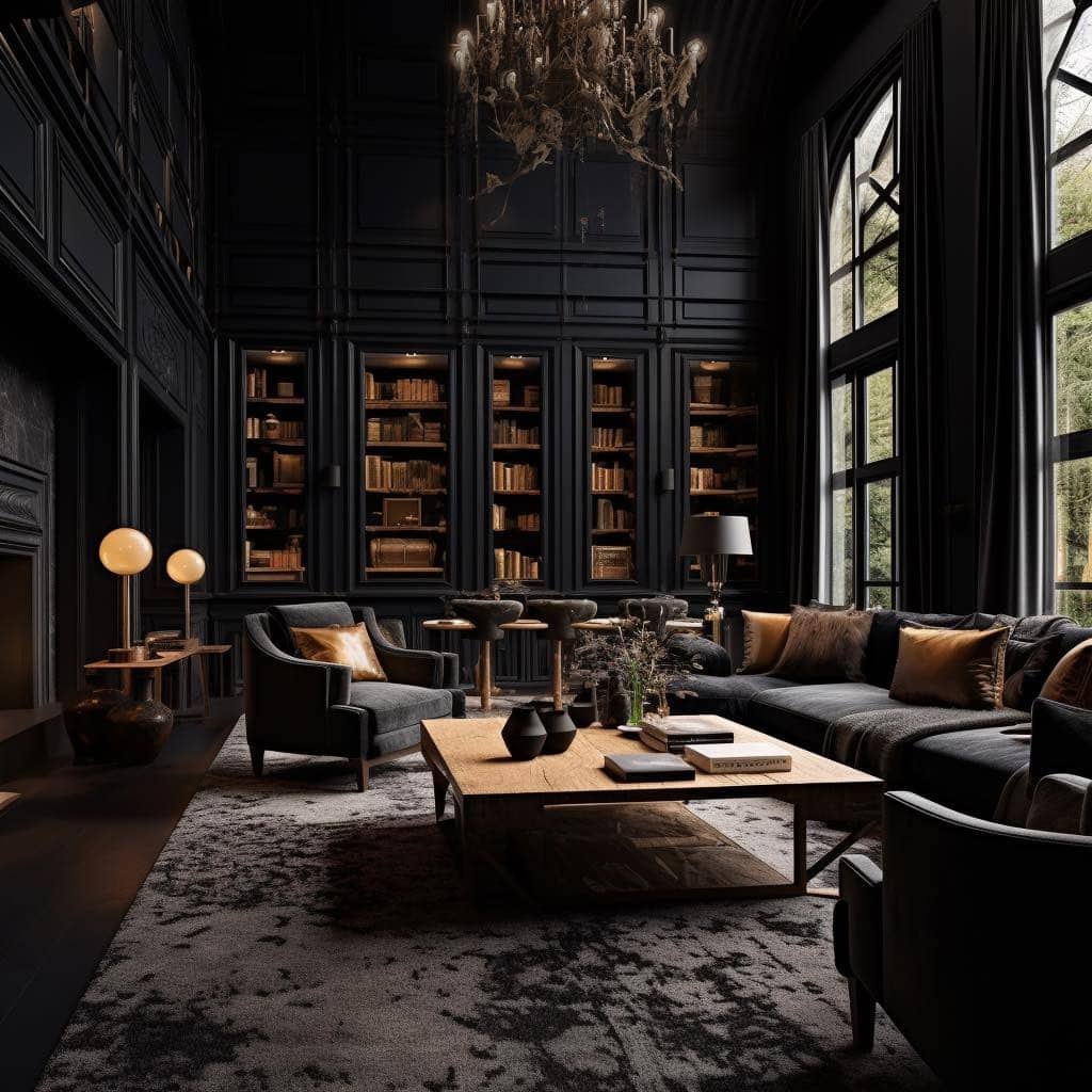 10. Elegant Black Furniture Living Room with Rich Wood and Warm Lighting - black furniture living room ideas