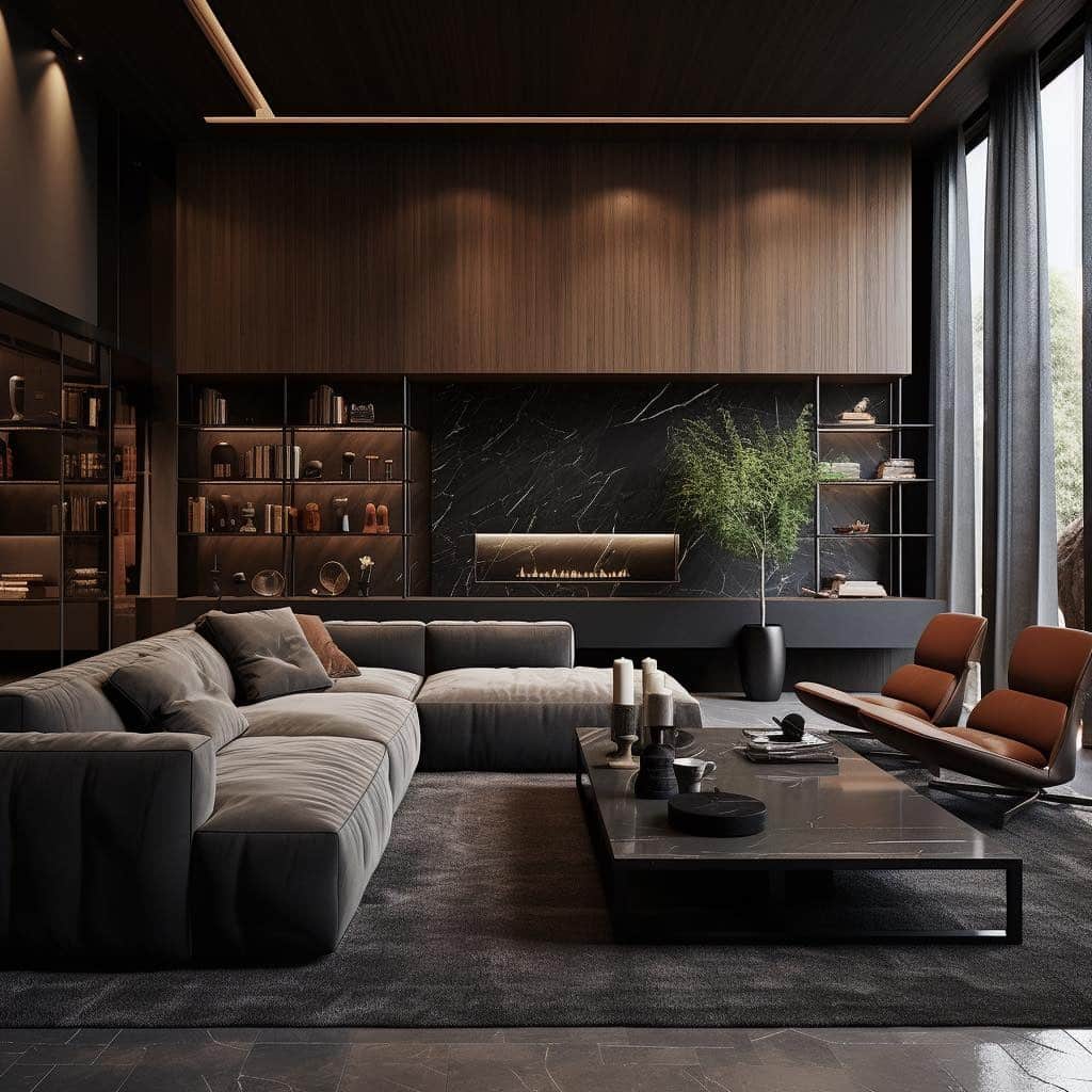 11. Dark Modern Living Room with Black Furniture and Warm Wood - black furniture living room ideas