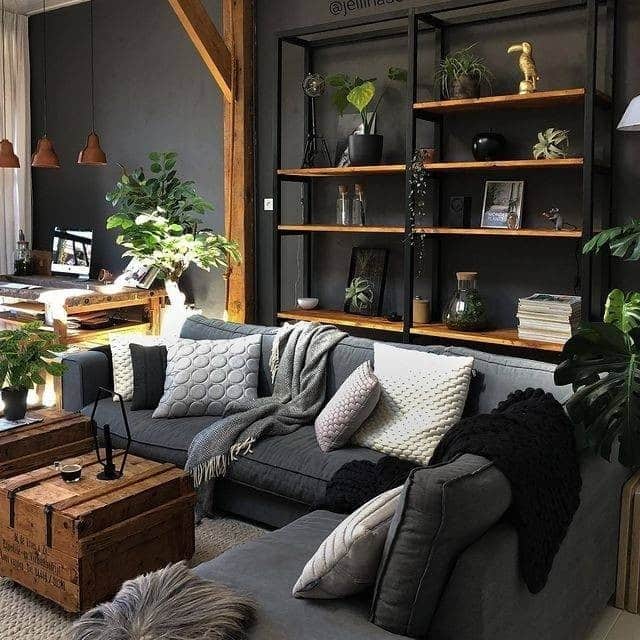 14. Industrial-Inspired Black Living Room with Natural Wood Details - black furniture living room ideas