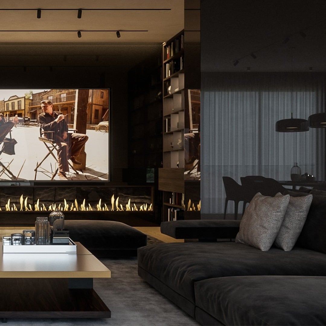 15. Contemporary Black Lounge with Fireplace and Neutral Layers - black furniture living room ideas