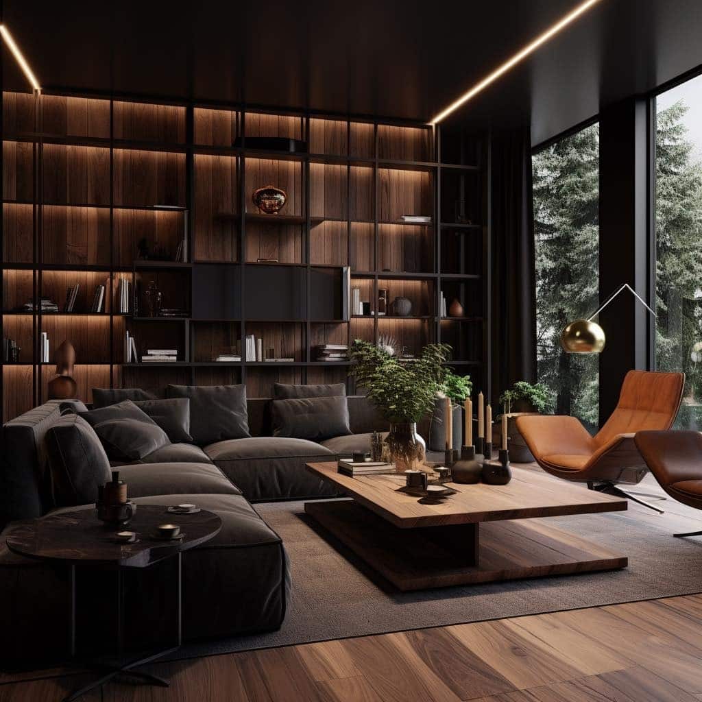 17. Modern Black Living Room with Built-In Shelving and Amber Accents - black furniture living room ideas