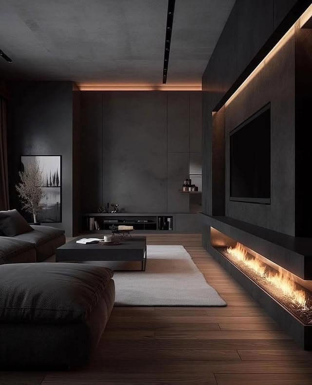 18. Soft Black and Gray Living Room with Integrated Fireplace - black furniture living room ideas
