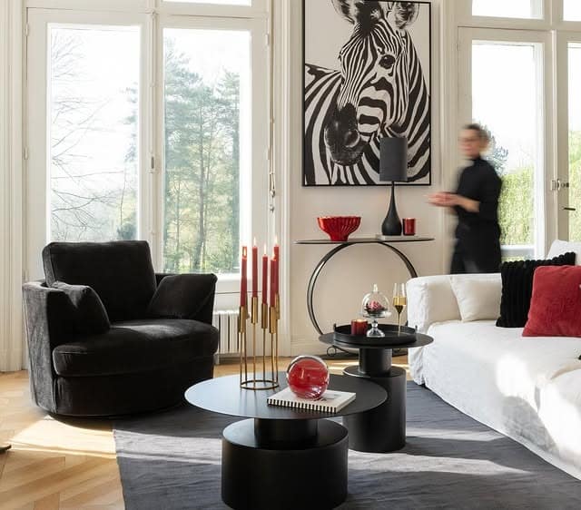 20. Bright Living Room with Black Furniture and Graphic Accents - black furniture living room ideas