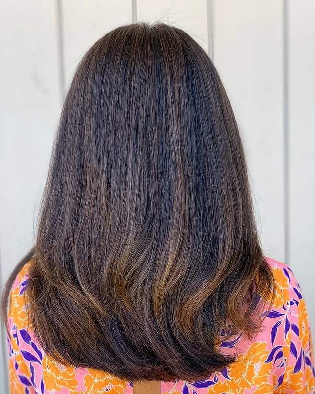 16. Dark Brown Lob with Soft Caramel Dimension - Dark Brown Hair with Highlights