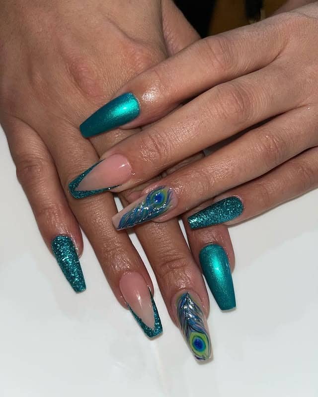 3. Emerald Peacock Feather Coffin Nails - peacock nail ideas