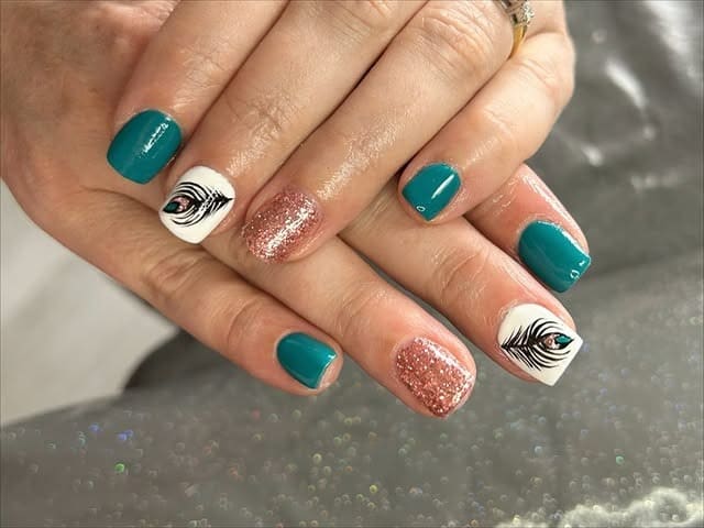 5. Teal and Rose Gold Peacock Nails - peacock nail ideas